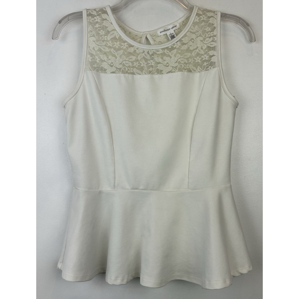 Ambiance Apparel Peplum Top Large Ivory Lace Juniors Retro Look Office